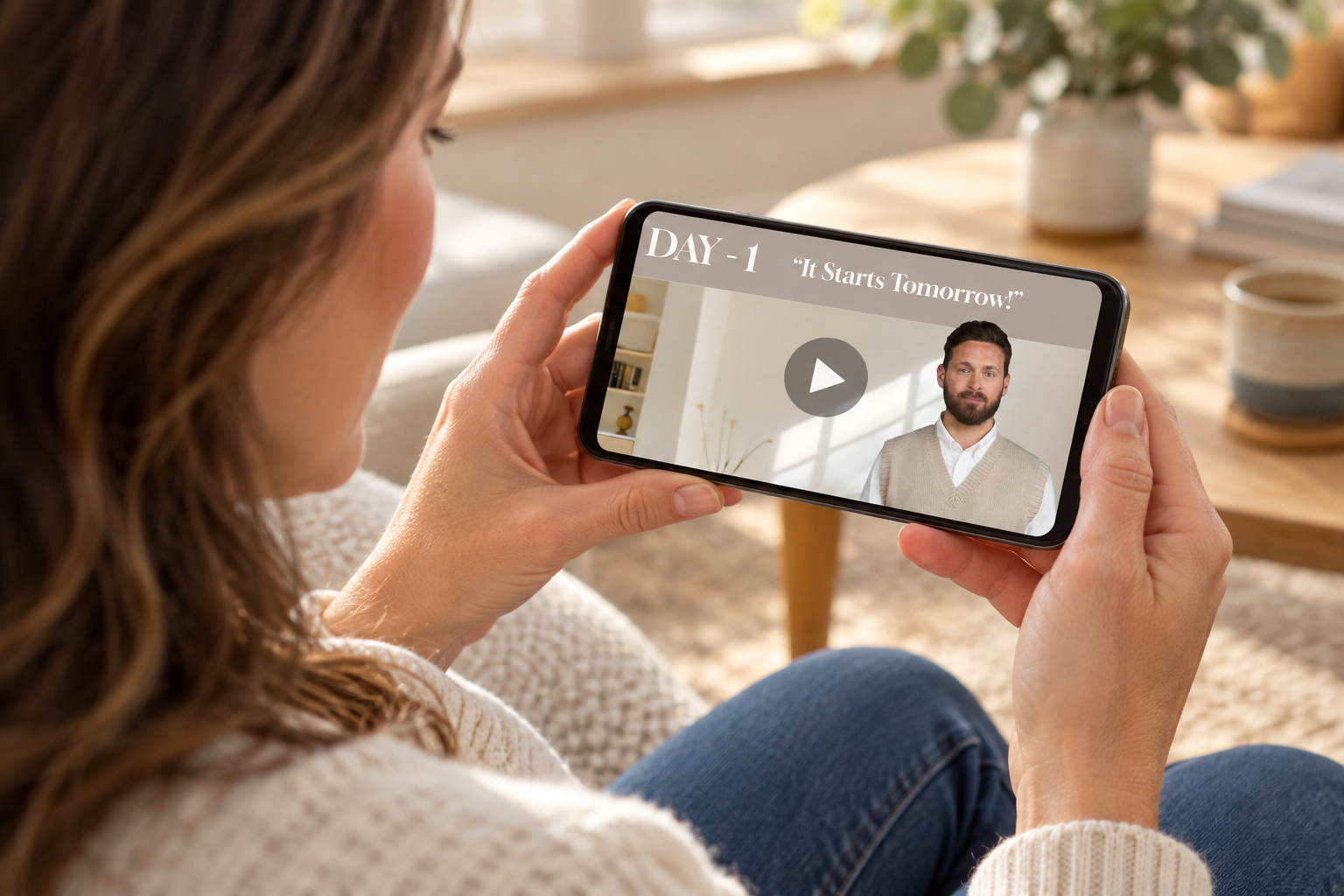 A woman watching the Day 1 pre engagement video on her phone, with a play symbol centered on the screen