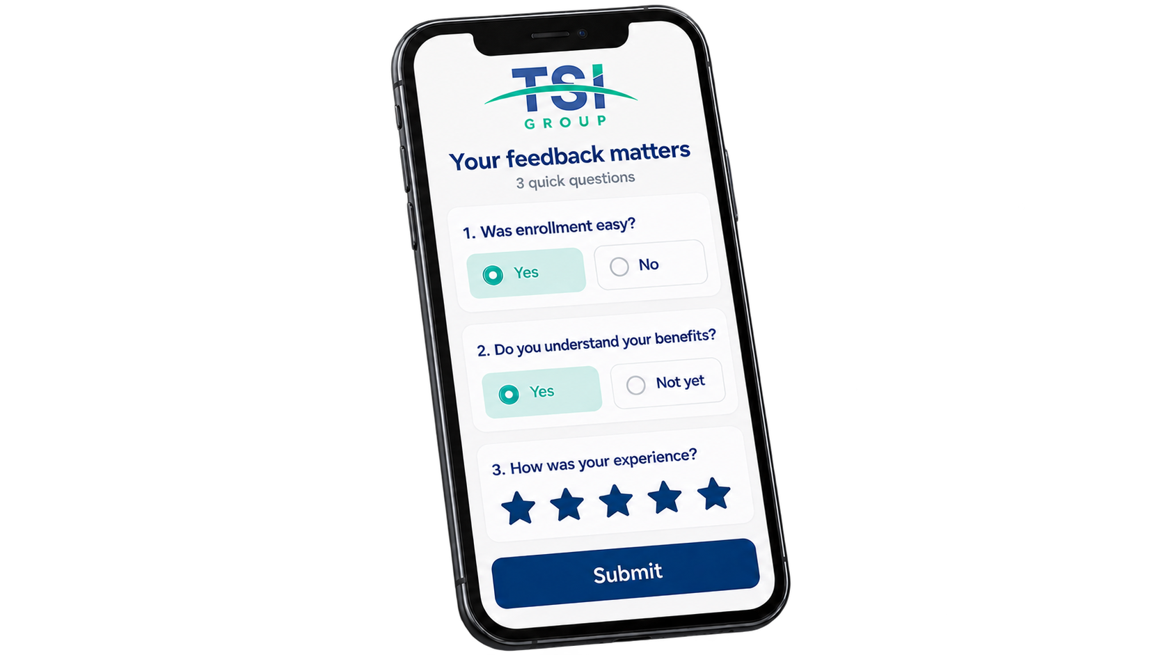 TSI Group employee feedback survey on a phone